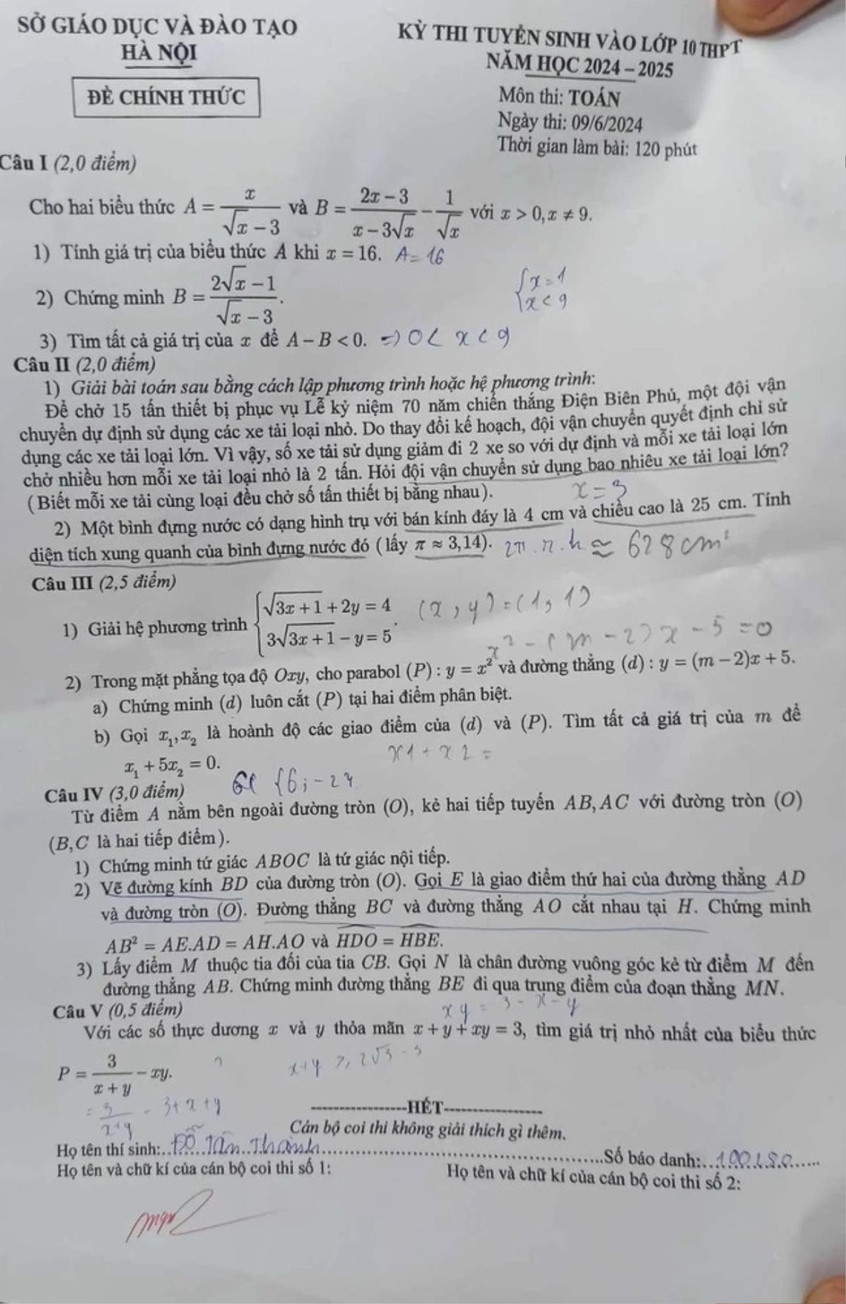 Đề thi và lời giải môn Toán tại kỳ thi vào lớp 10 ở Hà Nội Ảnh 1