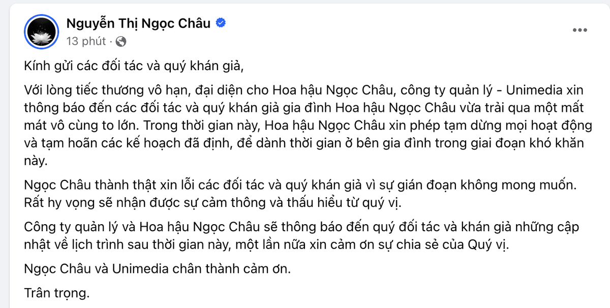 Hoa hậu Ngọc Châu tạm hoãn mọi lịch trình sau biến cố mất mát Ảnh 2