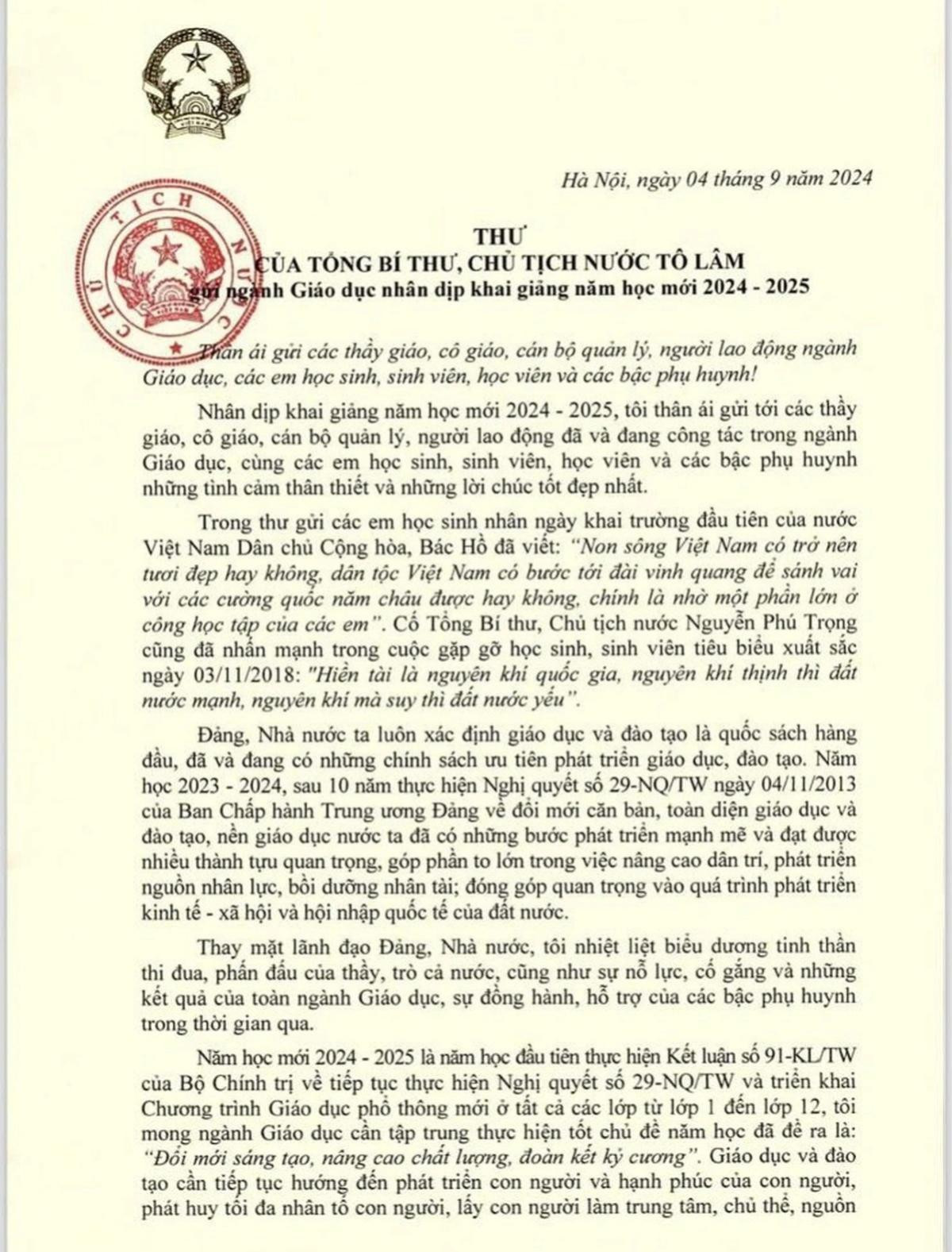 Thư Tổng Bí thư, Chủ tịch nước Tô Lâm: Giáo dục hướng đến phát triển và hạnh phúc con người Ảnh 2