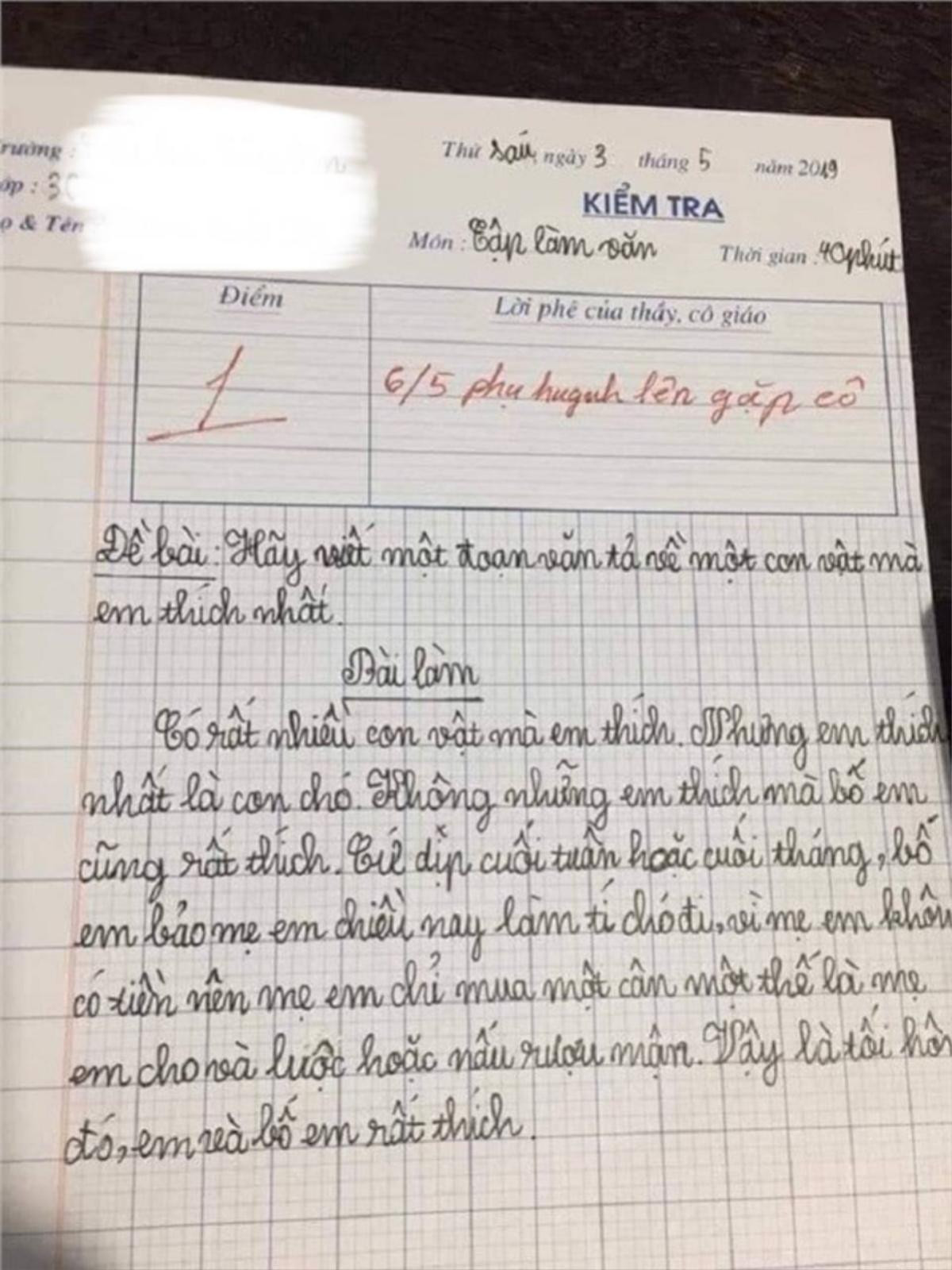 Bài văn 'tả con chó' nhận điểm 1, cô giáo còn yêu cầu mời phụ huynh lên gặp Ảnh 1