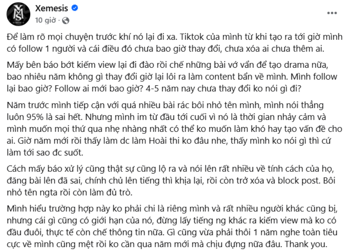 Xemesis phủ nhận chuyện bỏ theo dõi và theo dõi lại Xoài Non. (Ảnh chụp màn hình)