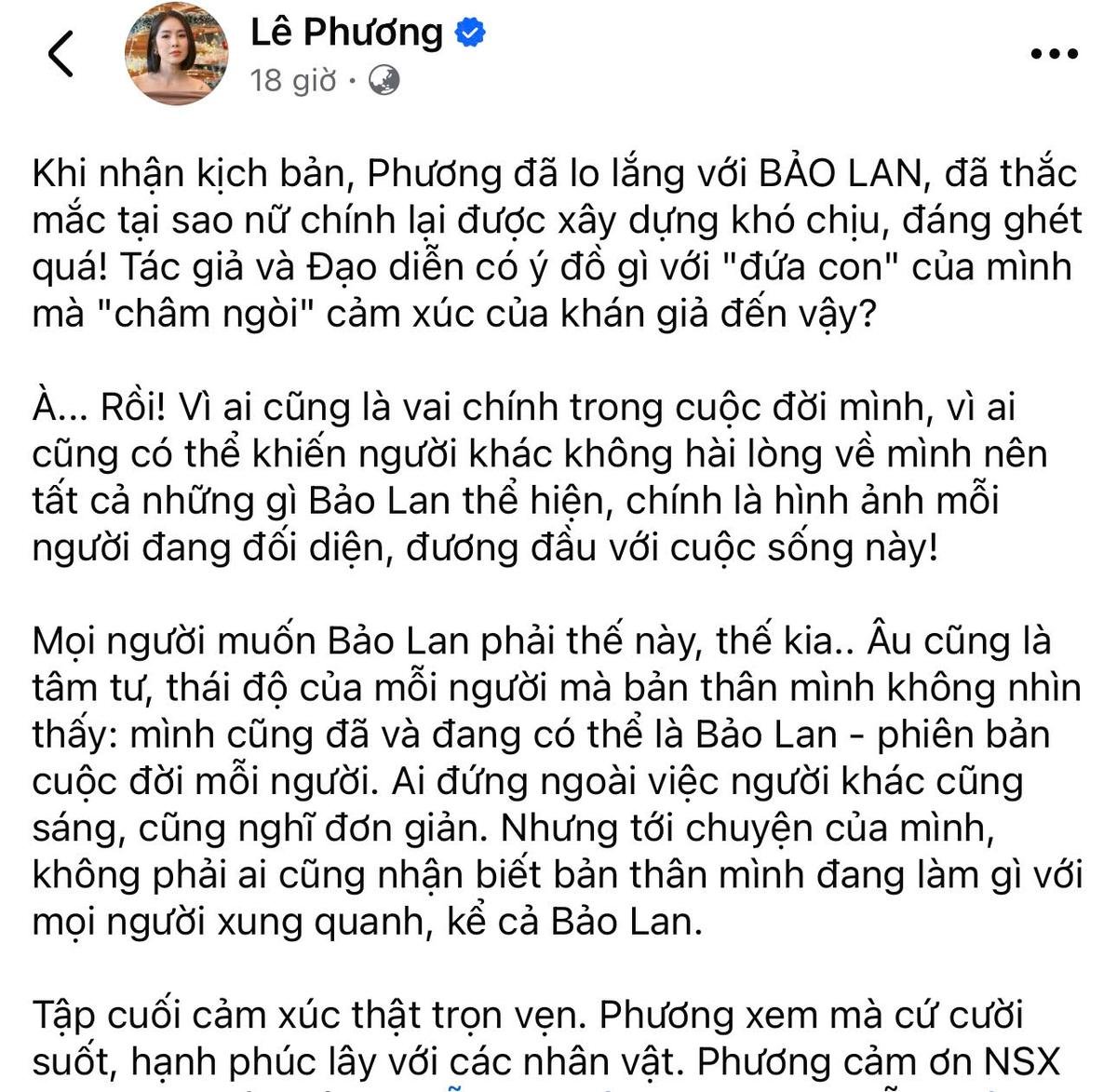 Lê Phương tạm biệt vai Bảo Lan của Gia Vị Tình Thâm. Ảnh chụp màn hình