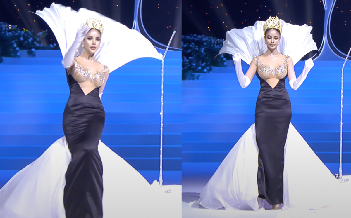 Người đẹp đến từ Bangkok vấp phải tà váy, suýt té ngã khi trình diễn dạ hội. (Ảnh chụp màn hình)