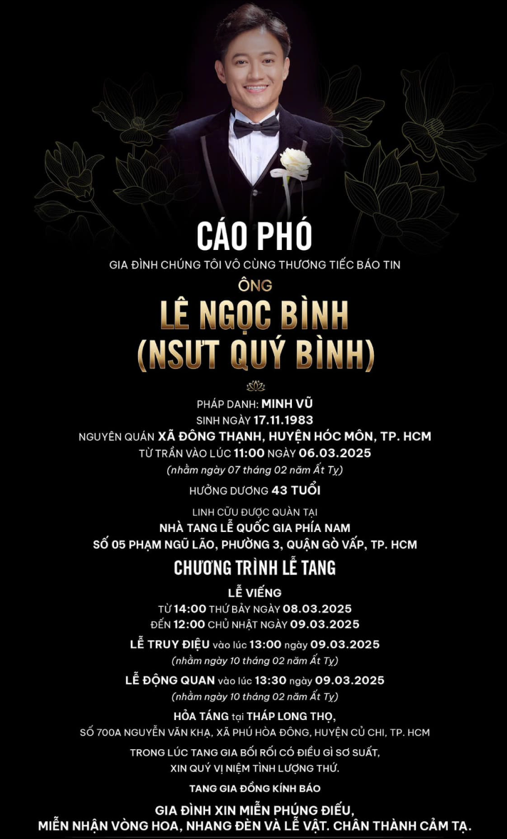 Hình ảnh cáo phó của diễn viên Quý Bình. Ảnh: Sưu tầm