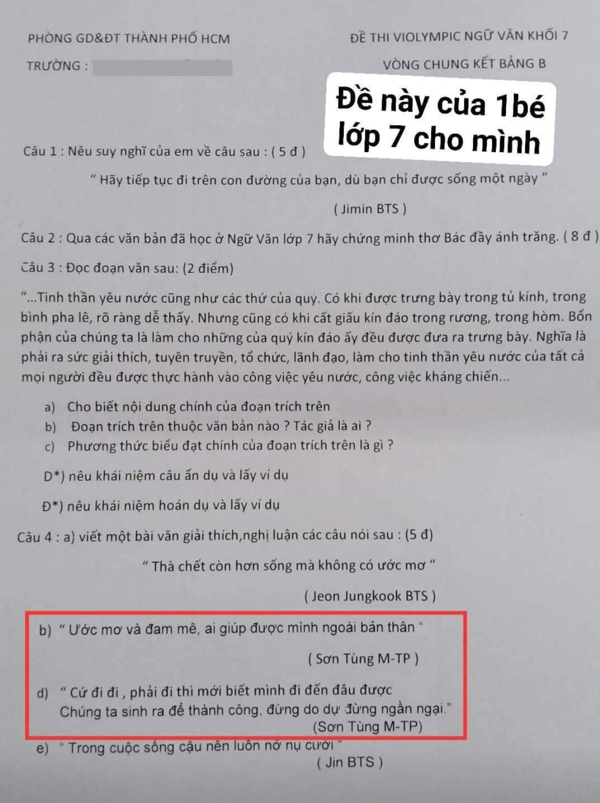 Loạt câu nói truyền cảm hứng của Sơn Tùng M-TP, BTS bất ngờ xuất hiện trong đề thi ngữ văn lớp 7 Ảnh 3