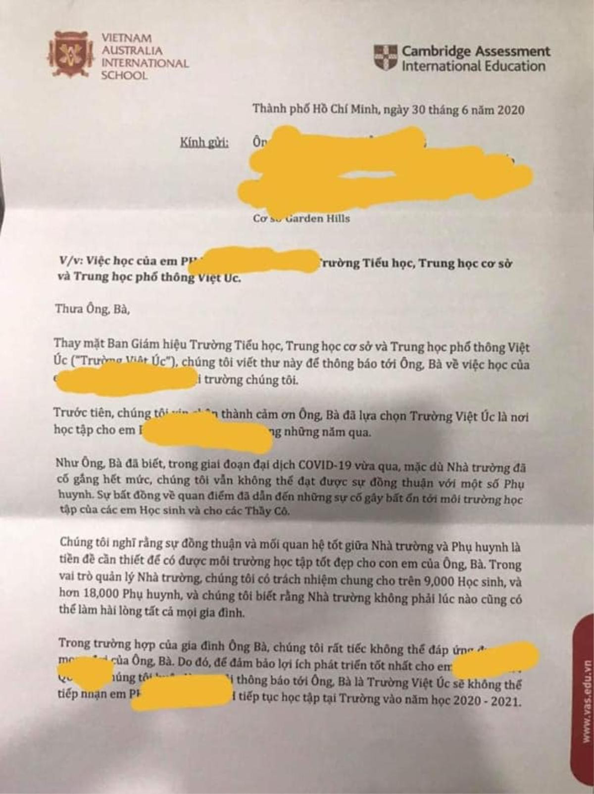 Phụ huynh bức xúc khi nhận thông báo 'ngưng tiếp nhận học sinh trong năm học mới' của trường Quốc tế Việt Úc Ảnh 2