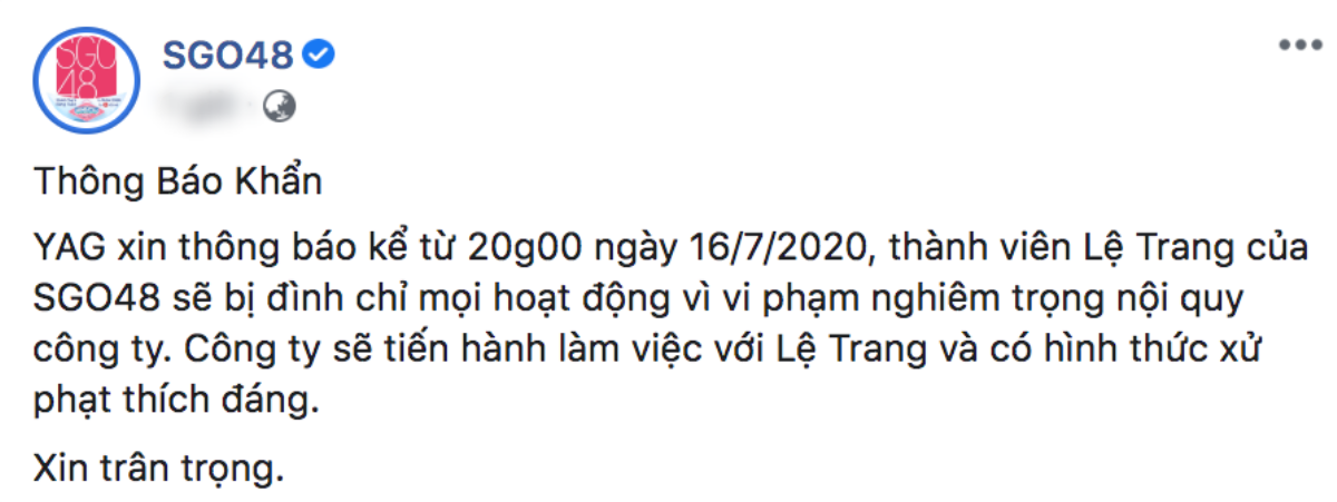 Vừa chiến thắng ở sự kiện Handshake của SGO48, Lệ Trang bị công ty đình chỉ mọi hoạt động Ảnh 1