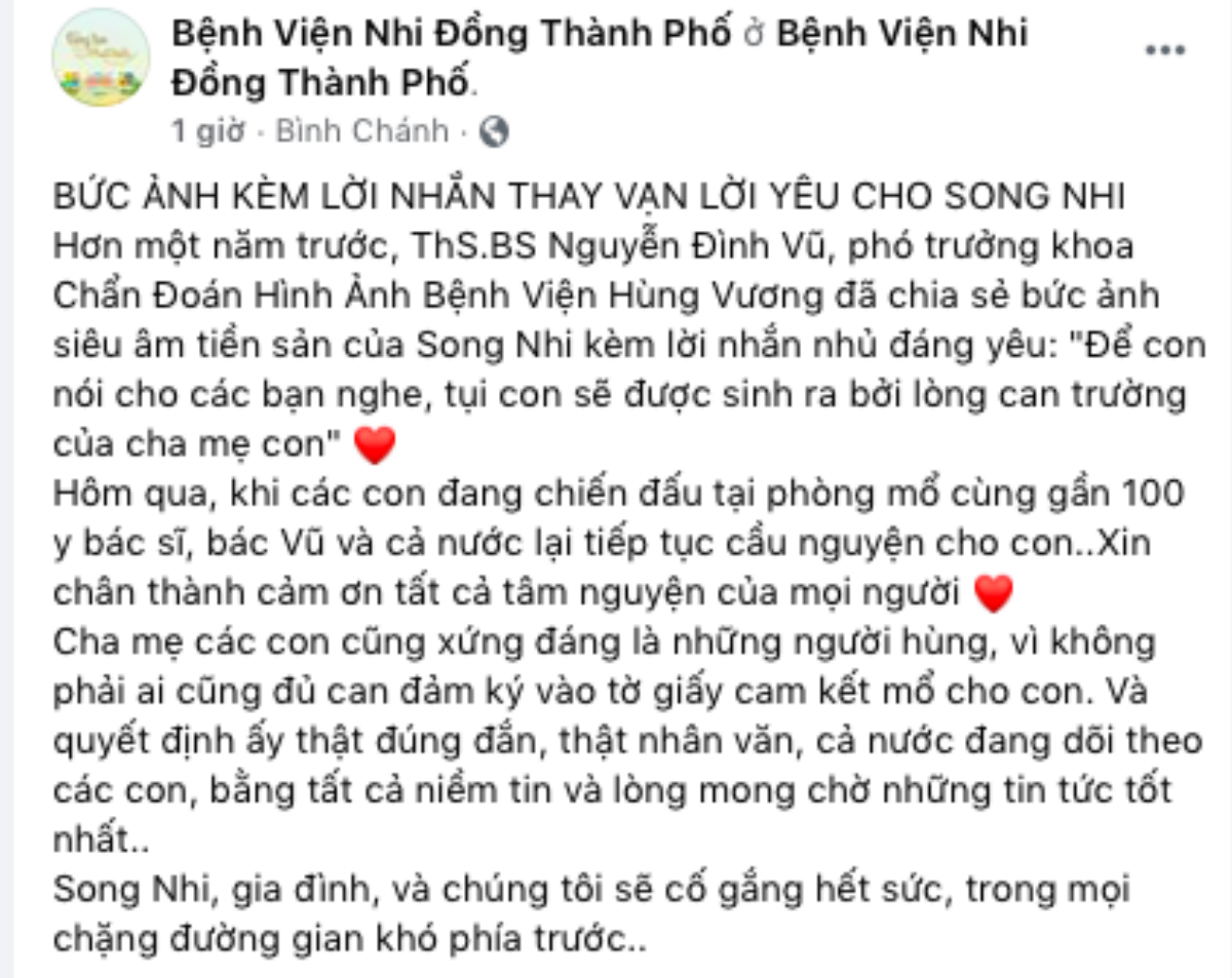 Dòng trạng thái xúc động sau vụ tách thành công 2 bé song sinh: 'Cha mẹ Trúc Nhi - Diệu Nhi xứng đáng là những người hùng' Ảnh 1