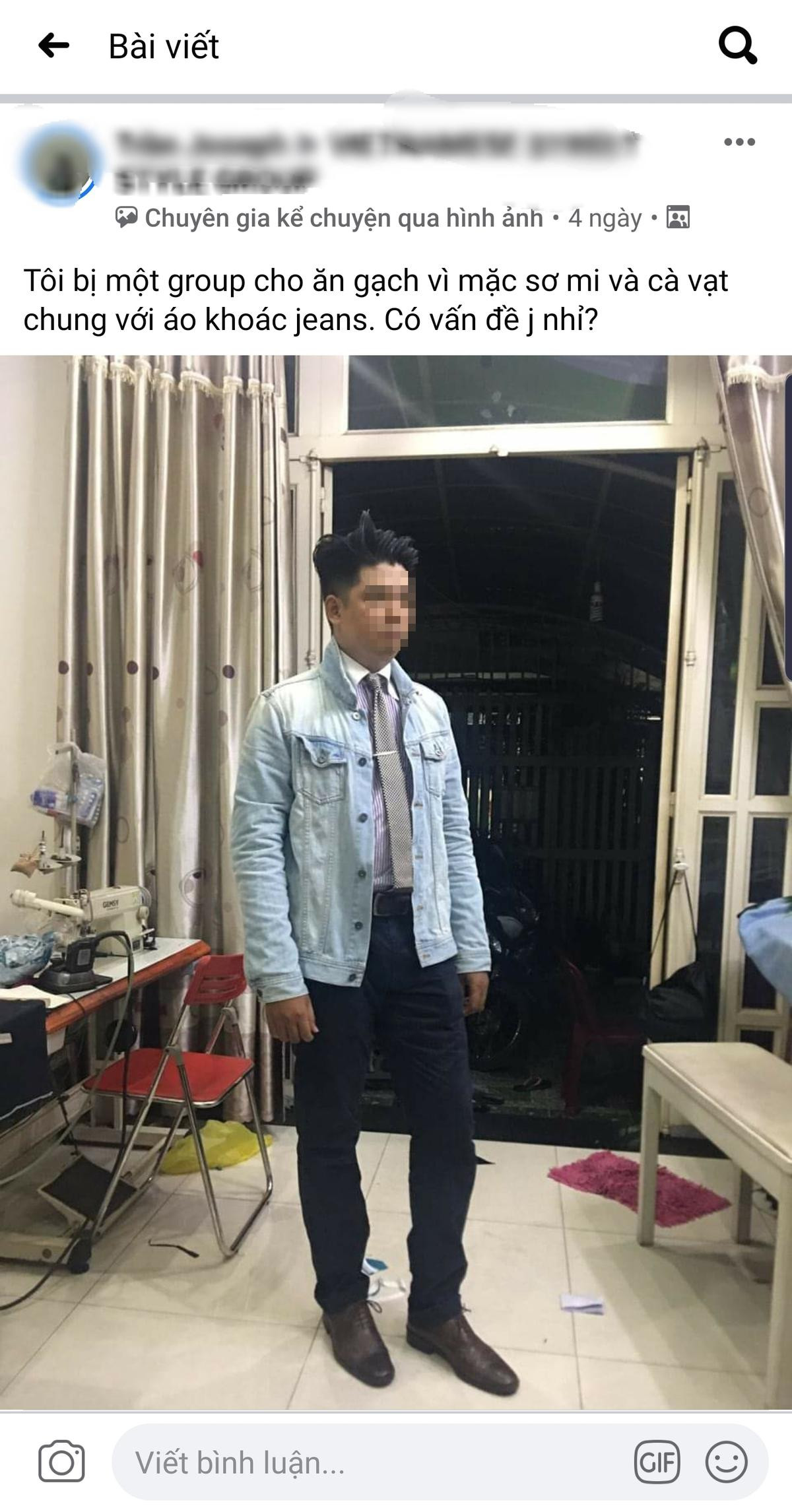 Góc xoắn não: Mặc áo khoác jeans thắt cravat, anh chàng bị group thời trang 'ném đá' khốn khổ Ảnh 1