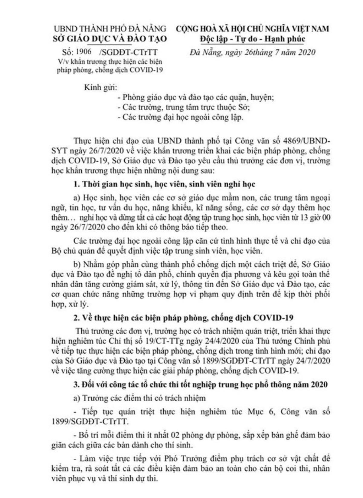 Học sinh, sinh viên Đà Nẵng được nghỉ học từ chiều 26/7, đưa nhiều biện pháp an toàn cho kỳ thi tốt nghiệp THPT Quốc gia 2020 Ảnh 2