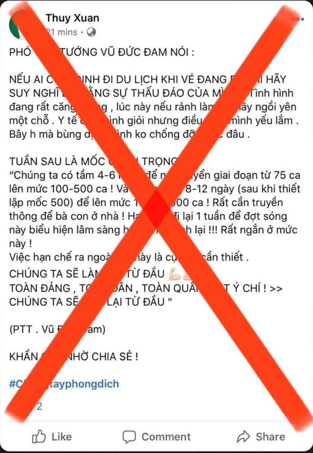 Thông tin giả phát ngôn của Phó thủ tướng Vũ Đức Đam về COVID-19 được chia sẻ tràn lan trên Facebook Ảnh 1