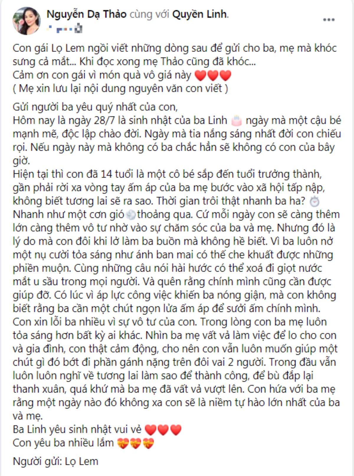 Con gái Lọ Lem nhà Quyền Linh khóc sưng mắt khi viết thư gửi ba nhân ngày sinh nhật Ảnh 3