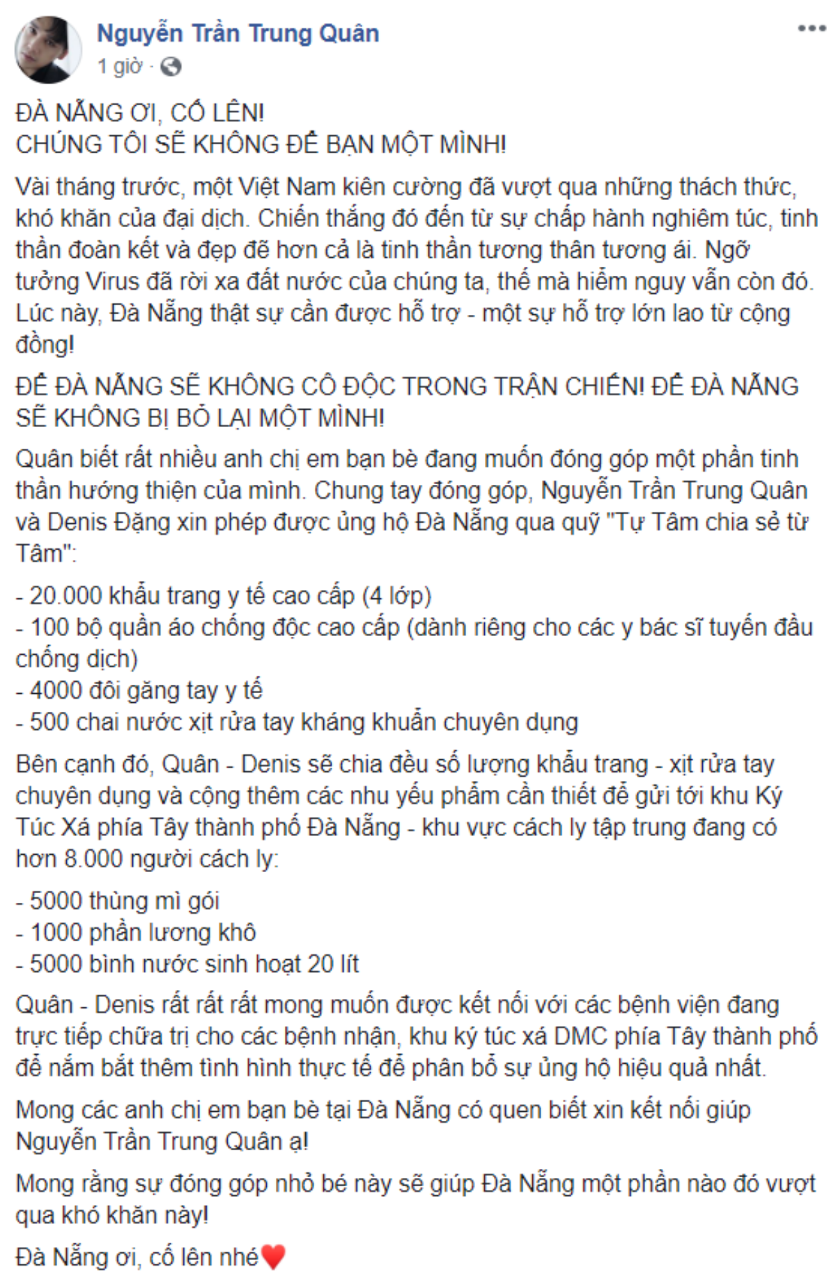 Nguyễn Trần Trung Quân tiếp sức tuyến đầu chống COVID-19: Khẩu trang, găng tay, quần áo chống độc và cả lương khô, mì gói Ảnh 2