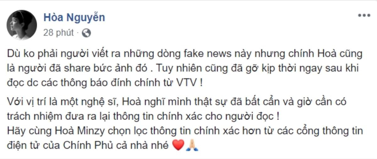 Hòa Minzy lên tiếng xin lỗi vì đã chia sẻ tin giả: Sẽ chọn lọc thông tin chính xác hơn Ảnh 2