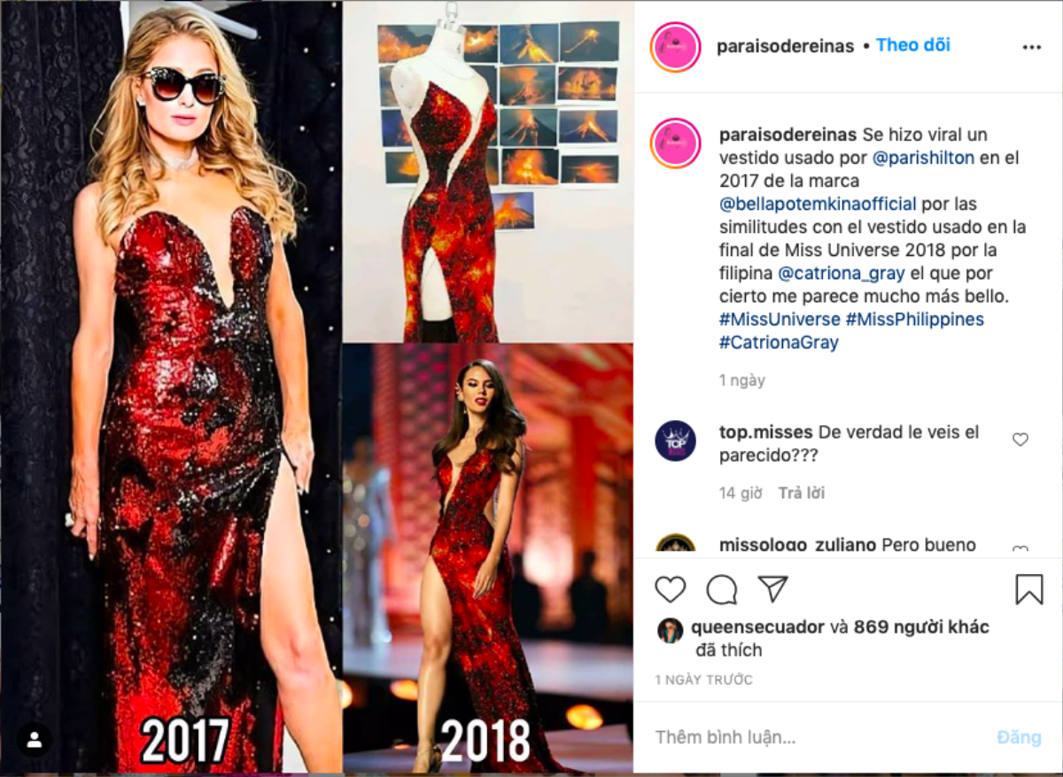 Sau 2 năm càn quét, váy núi lửa phun trào của Catriona Gray bất ngờ bị tố đạo nhái 'gái hư' Paris Hilton Ảnh 1