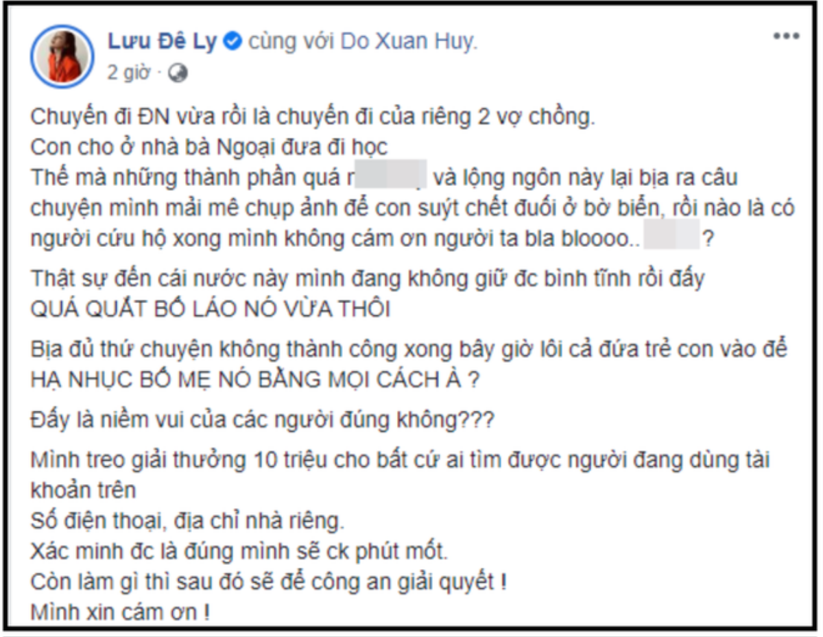 Lưu Đê Ly treo thưởng 10 triệu cho ai tìm ra tài khoản tung tin giả, tố cô vô trách nhiệm làm con suýt chết đuối Ảnh 3