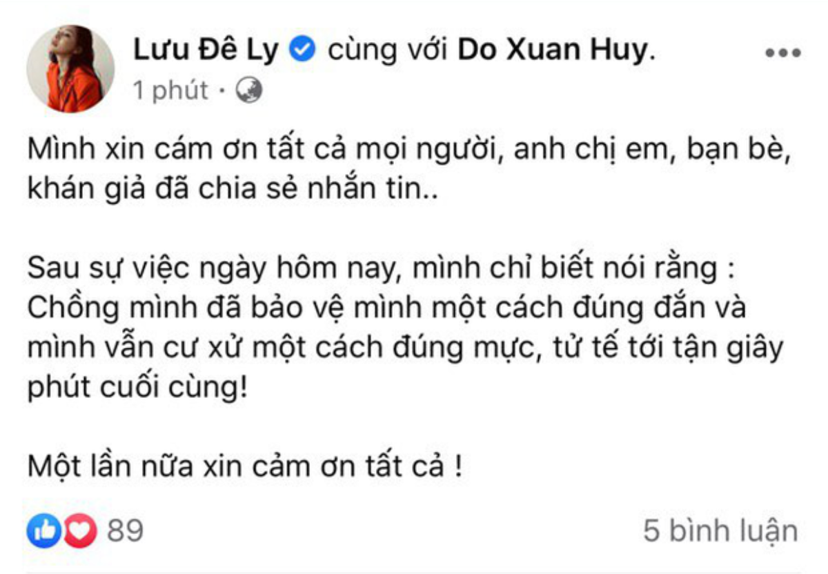 Lưu Đê Ly chính thức lên tiếng sau vụ ẩu đả: 'Chồng mình đã bảo vệ mình một cách đúng đắn' Ảnh 1