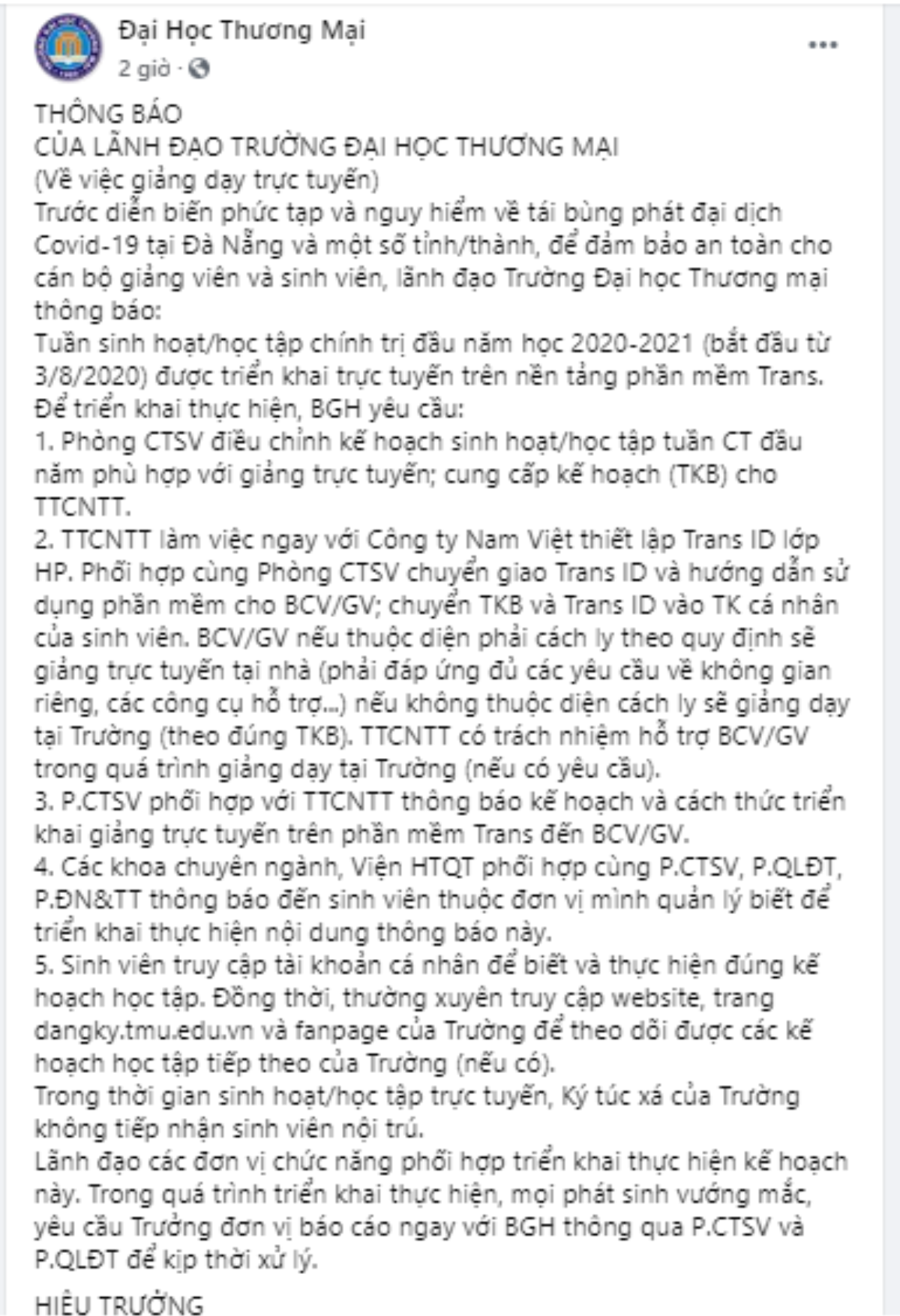 Cập nhật: Danh sách các trường Đại học cho sinh viên nghỉ học tập trung, quay trở lại học trực tuyến phòng chống dịch COVID- 19 Ảnh 1