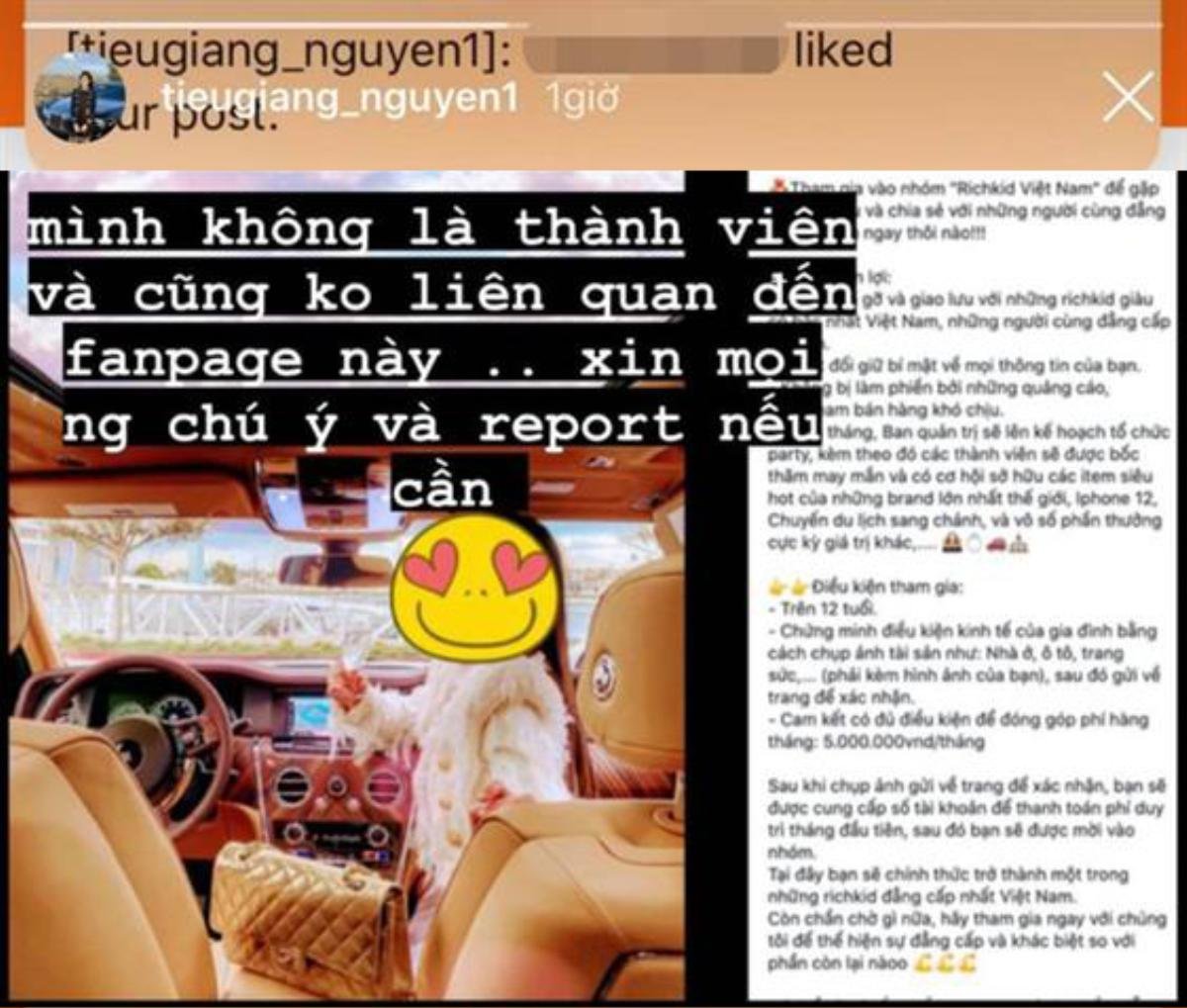 Tiểu thư 'hội con nhà giàu' Tiểu Giang lên tiếng khi bị Fanpage rich kid lấy ảnh 'xài chùa', đăng tuyển thành viên thu phí mỗi tháng 5 triệu Ảnh 3