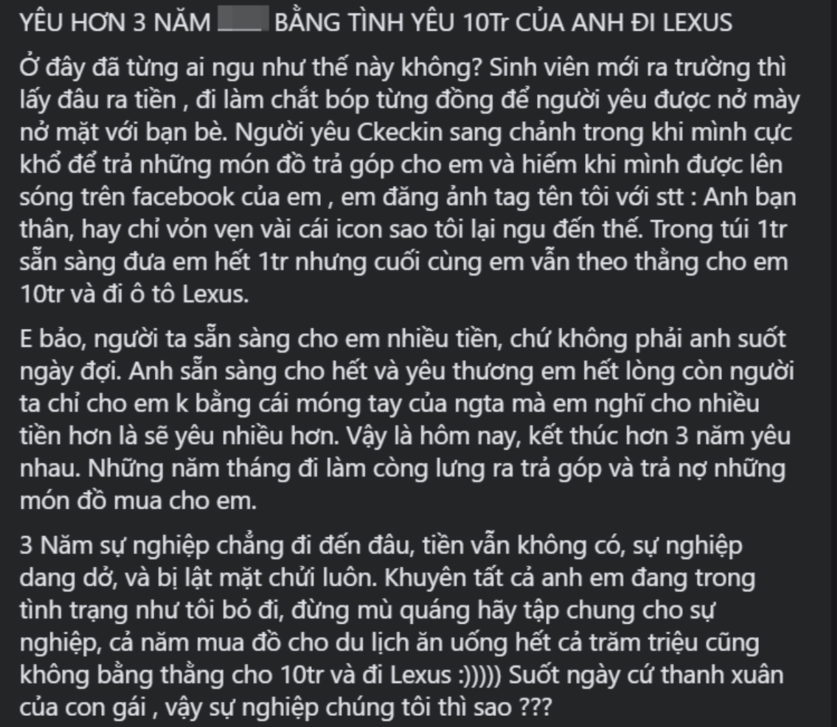 Bị người yêu 3 năm 'đá' để đi theo đại gia có xe Lexus, anh chàng cay đắng nhận ra: 'Thà chọn sự nghiệp chứ không chọn tình yêu' Ảnh 1