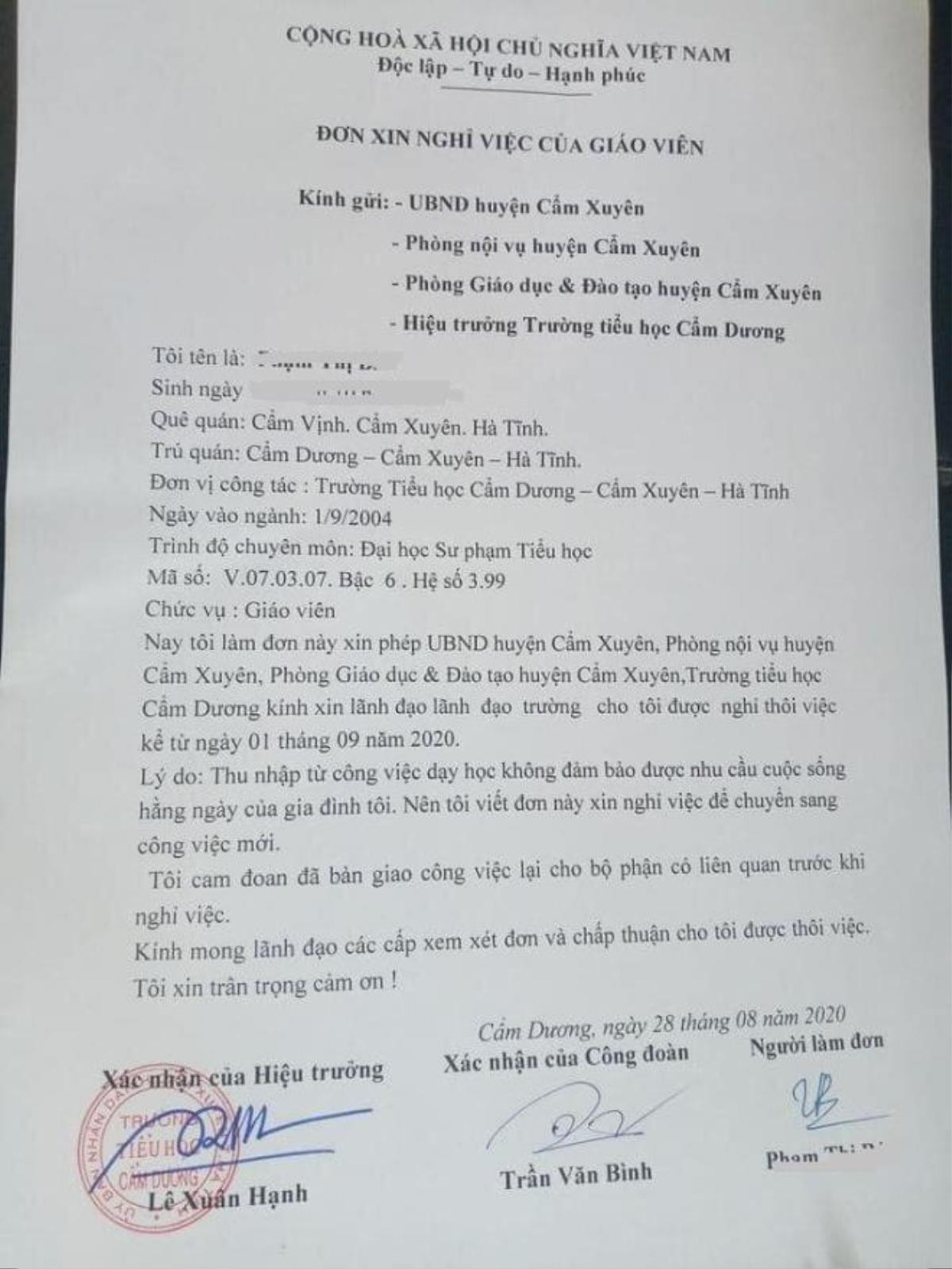 Cô giáo công tác 16 năm tại trường viết đơn xin nghỉ việc vì 'thu nhập không đảm bảo nhu cầu cuộc sống' Ảnh 1