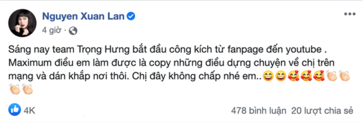 Sau tiết lộ về chuyện 'tiểu tam', Xuân Lan tố bị 'team Trọng Hưng' công kích từ Fanpage đến YouTube Ảnh 3