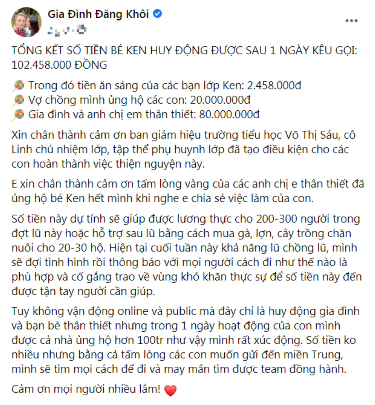 Con trai Đăng Khôi gây xúc động khi quyên góp được 102 triệu đồng cứu trợ miền Trung trong một ngày Ảnh 1