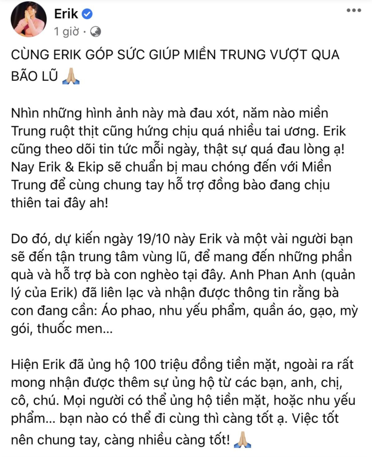 Erik quyên góp 100 triệu đồng, kêu gọi mạnh thường quân ủng hộ đồng bào miền Trung Ảnh 2