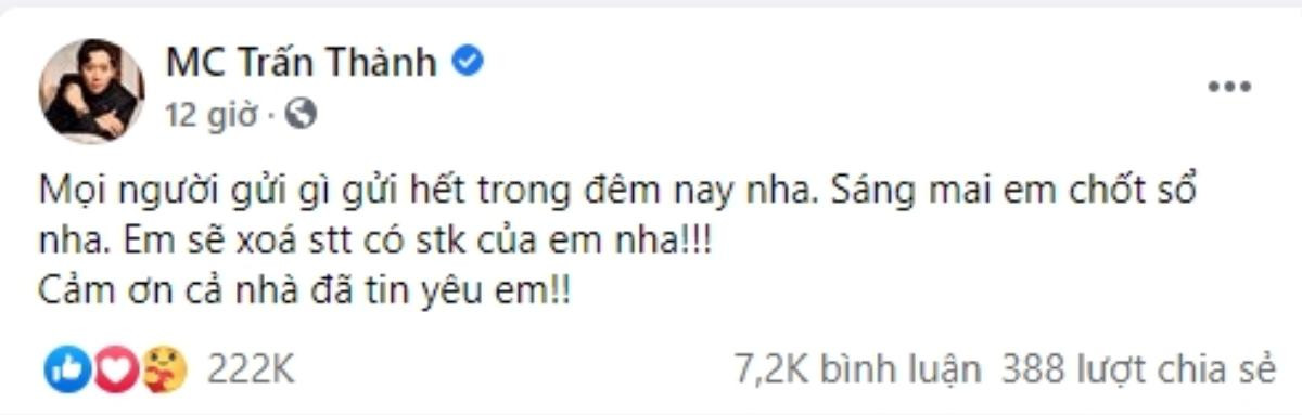 Trấn Thành 'chốt sổ' số tiền quyên góp 8,7 tỷ đồng, gọi Thủy Tiên là là 'Quán quân cứu trợ năm nay' Ảnh 1