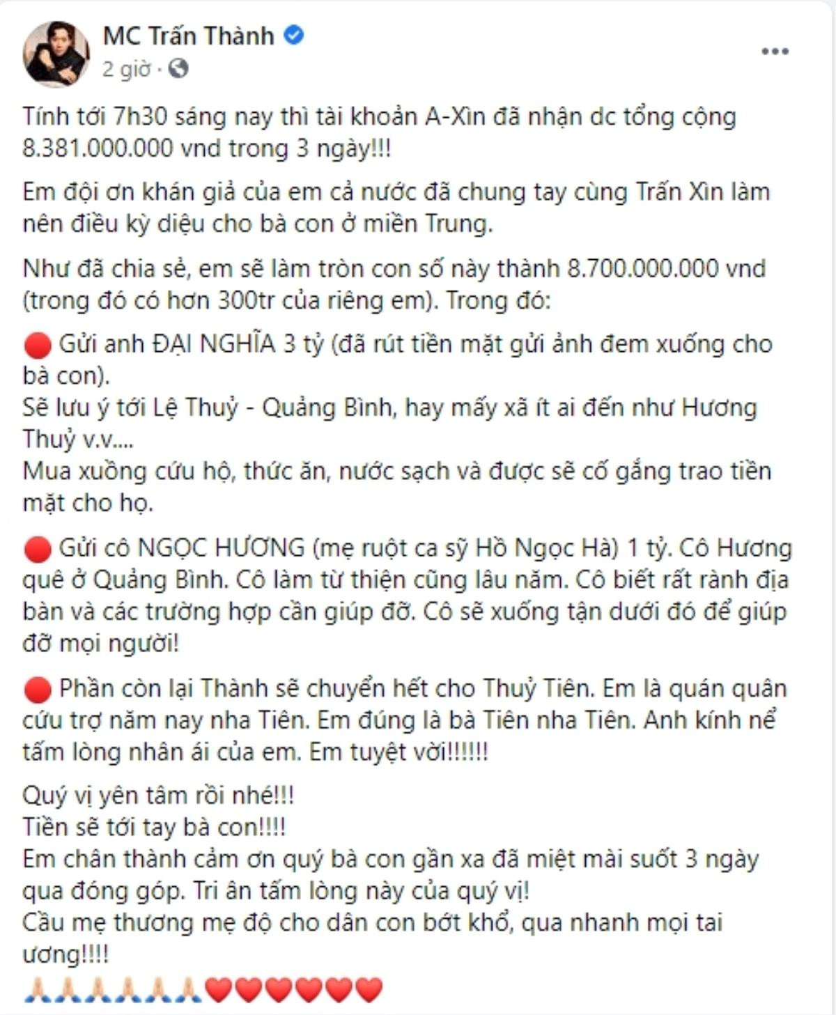 Trấn Thành 'chốt sổ' số tiền quyên góp 8,7 tỷ đồng, gọi Thủy Tiên là là 'Quán quân cứu trợ năm nay' Ảnh 2