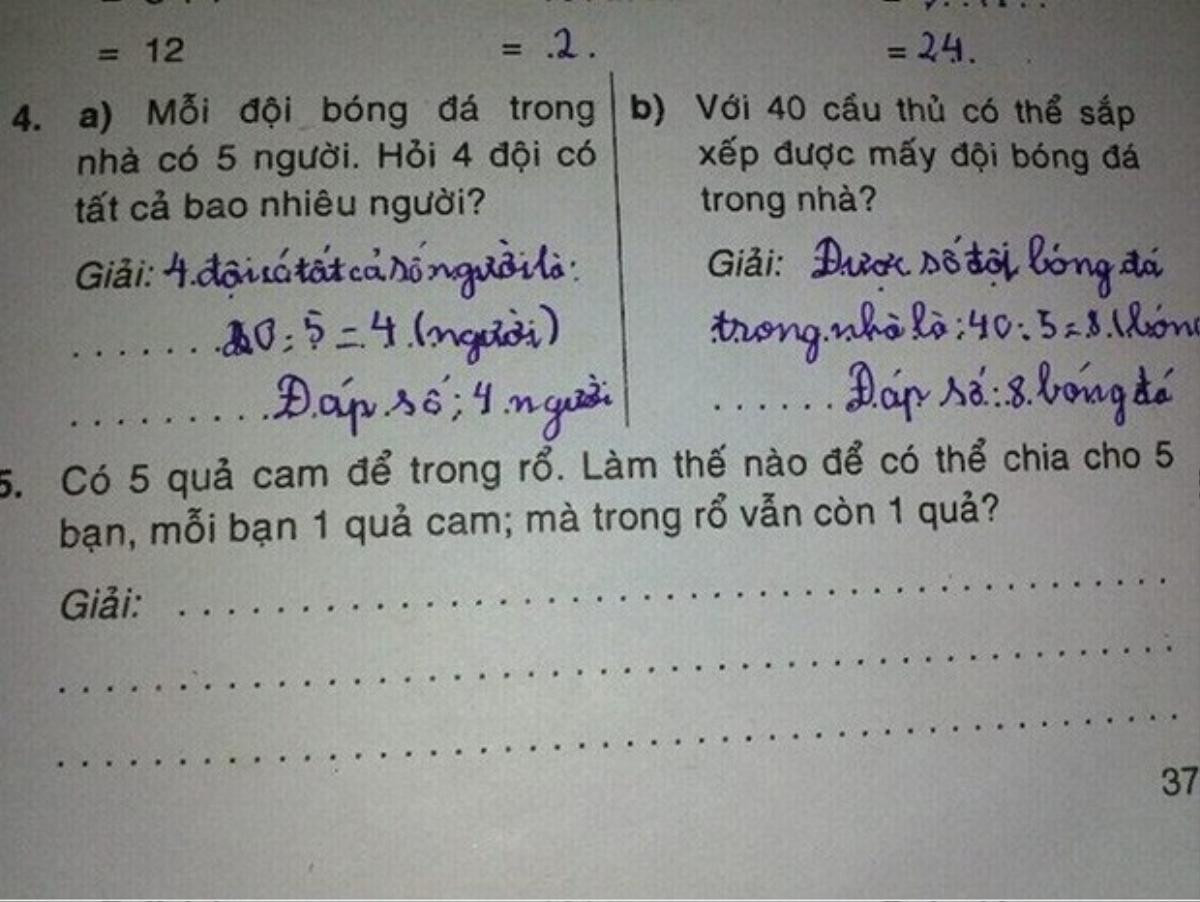 Bài toán lớp 2 gây tranh cãi dữ dội: Chia đều 5 quả cam cho 5 bạn, mỗi người 1 quả nhưng trong rổ phải còn 1 quả? Ảnh 1