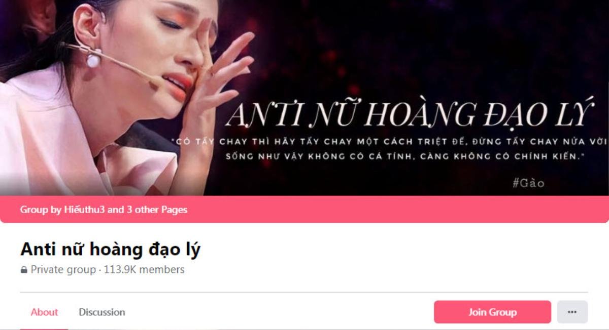 Các bình luận này xuất hiện trong nhóm 'Anti Nữ hoàng đạo lý' nhằm công kích, bôi nhọ hình ảnh Hương Giang.