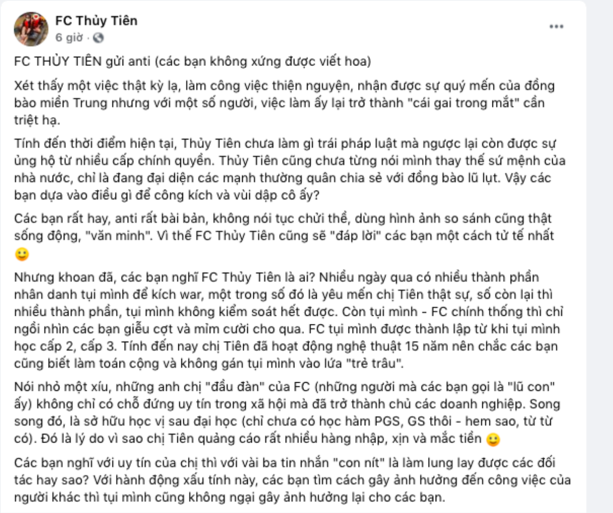 FC Thủy Tiên 'tuyên chiến' với group antifan 'Lũ Hậu', kiên quyết bảo vệ 'cô Tiên' đến cùng Ảnh 3