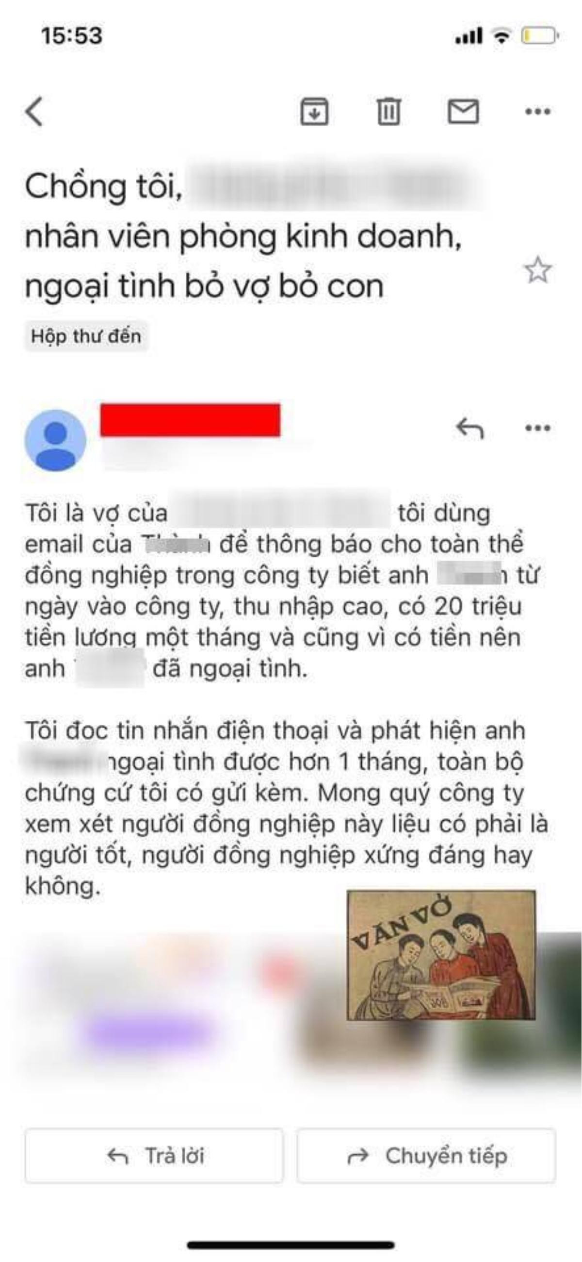 Chồng ngoại tình, vợ viết email gửi toàn công ty: 'Chồng tôi phòng kinh doanh, ngoại tình bỏ vợ con' Ảnh 1