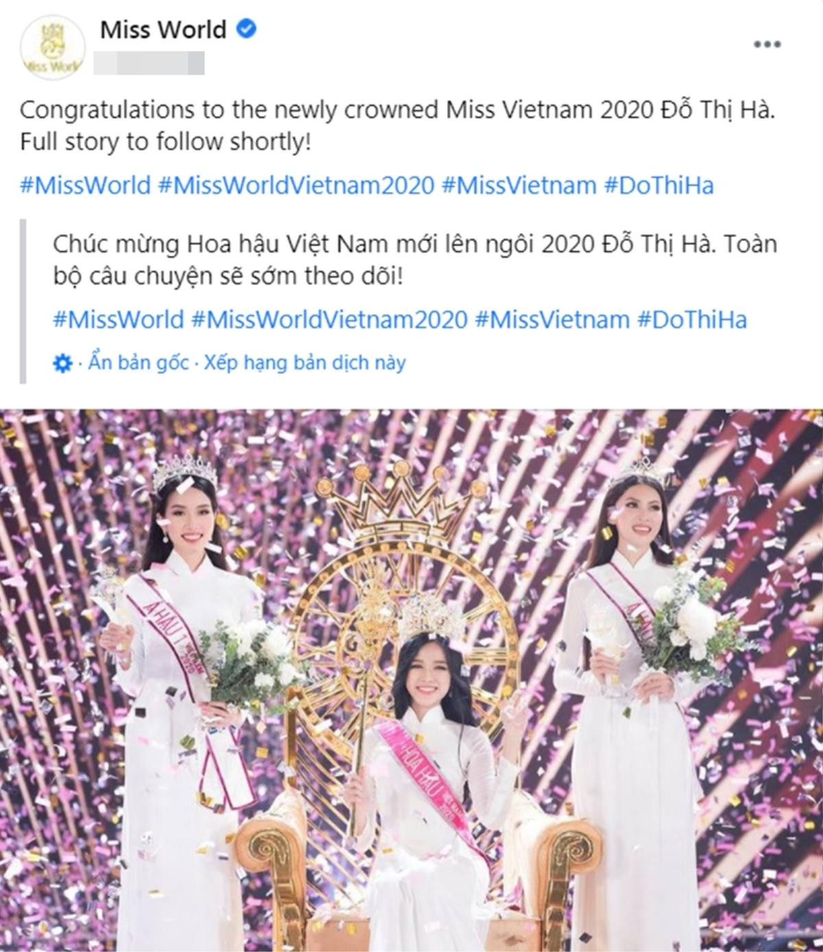 Fanpage Miss World chúc mừng, ngầm xác định Đỗ Thị Hà đại diện Việt Nam thi Hoa hậu Thế giới Ảnh 1