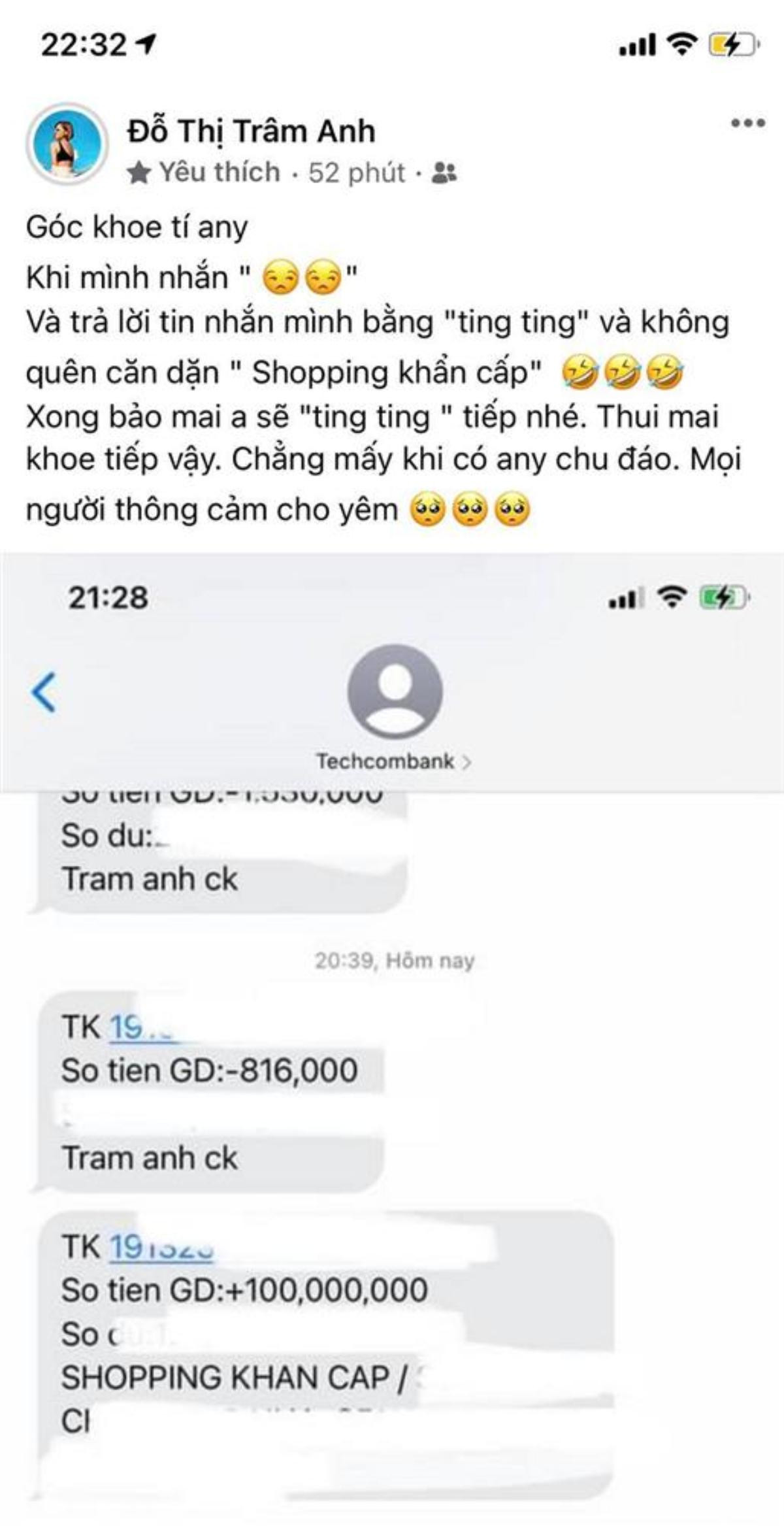 Nhắn tin than buồn, hotgirl Trâm Anh được bạn trai đại gia chuyển 100 triệu mua sắm giải khuây Ảnh 1