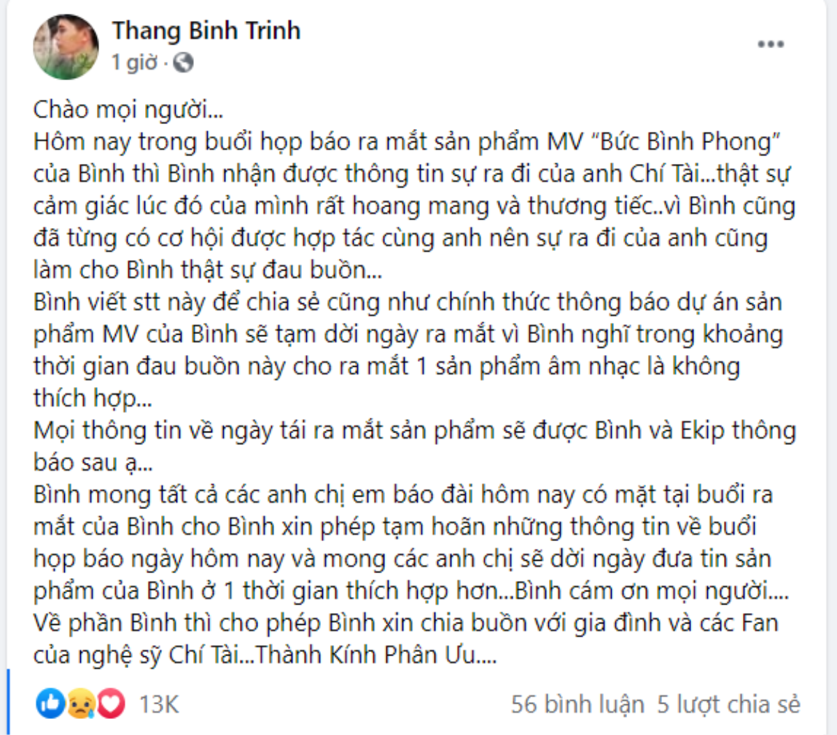 Trịnh Thăng Bình dời lịch ra MV, thương xót trước sự ra đi đột ngột của nghệ sĩ Chí Tài Ảnh 5