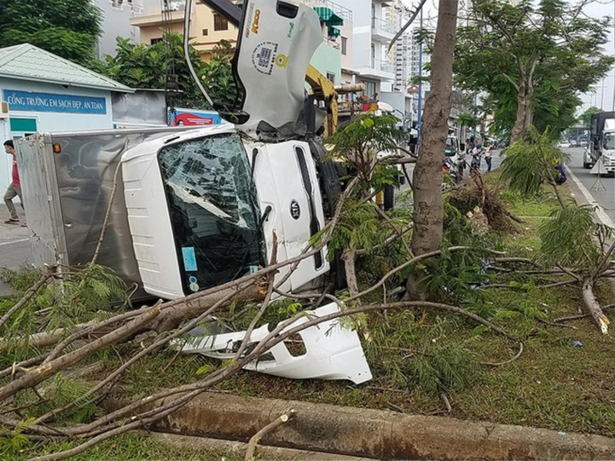 Xe tải biến dạng sau khi tông gãy hai cây xanh, tài xế và phụ xe may mắn thoát chết Ảnh 1