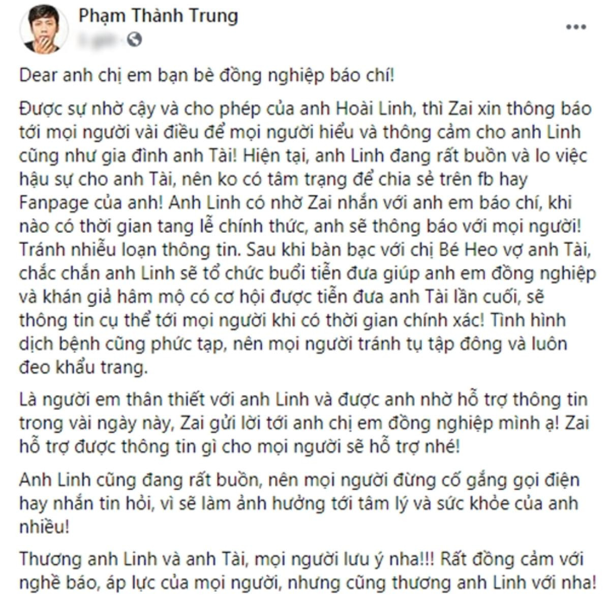 NSƯT Hoài Linh đau buồn, chính thức có chia sẻ đầu tiên về tang lễ của cố nghệ sĩ Chí Tài Ảnh 1