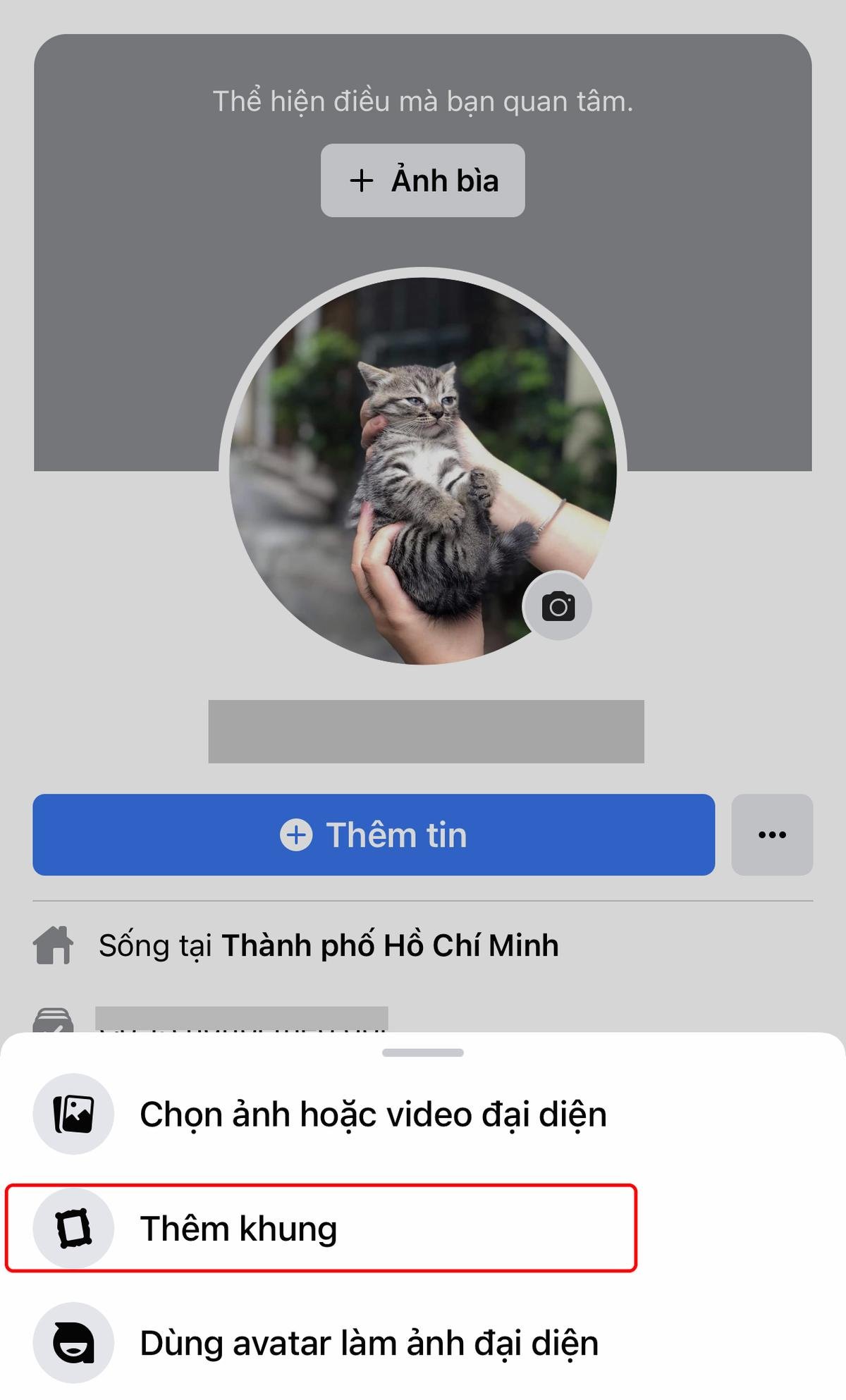 Bước 2. Lúc này, sẽ có 3 tuỳ chọn hiện ra, gồm: 'Chọn ảnh hoạc video đại diện', 'Thêm khung', 'Dùng avatar làm ảnh đại diện', bạn hãy chọn Thêm khung.