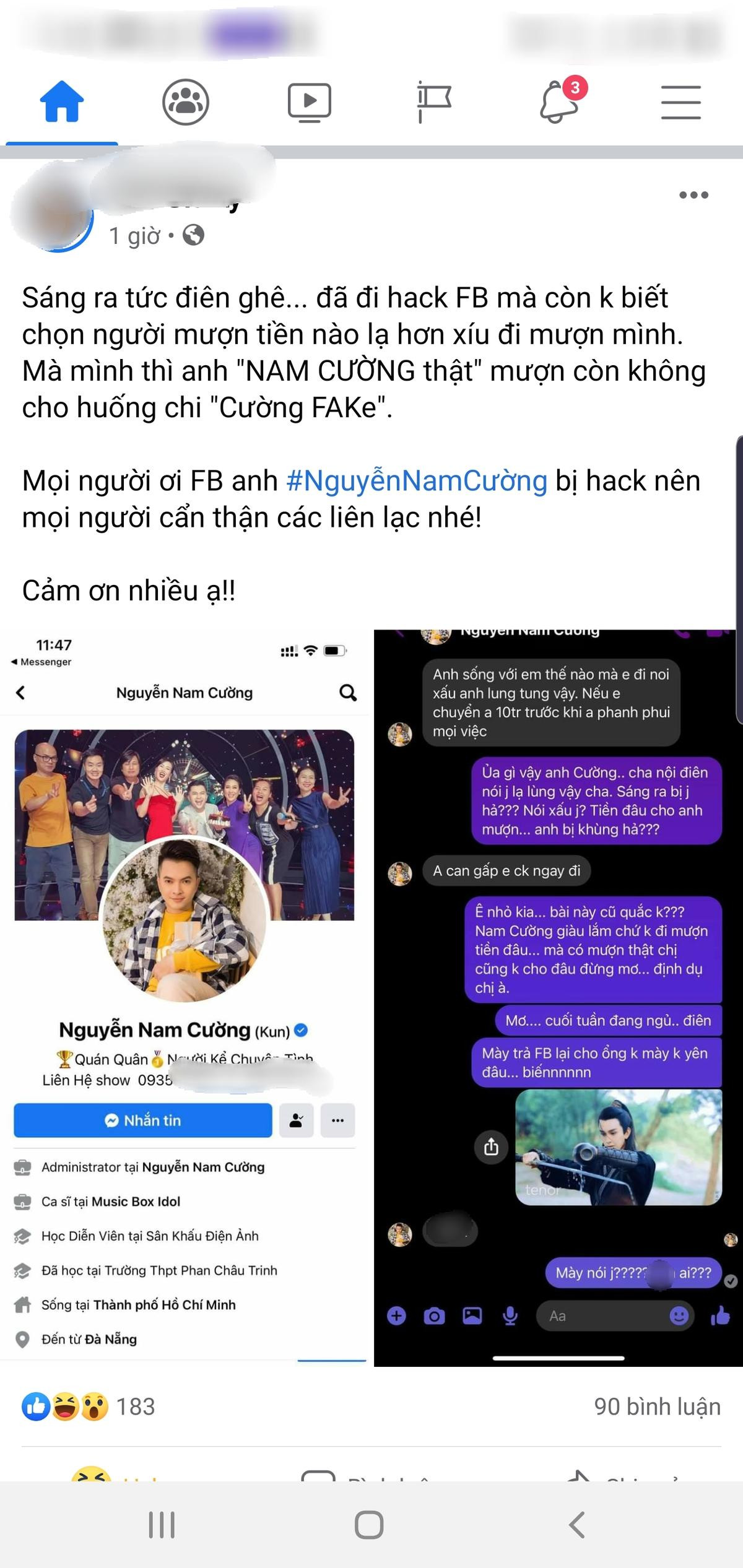 Ca sĩ Nam Cường bị hack Facebook, mượn tiền không được quay sang chửi tục! Ảnh 1