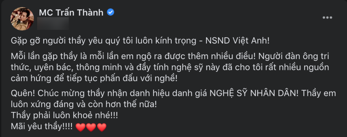 Sau ồn ào với Cát Phượng, NSND Việt Anh hội ngộ Trấn Thành - Trịnh Thăng Bình: Đàn em hết mực nể trọng! Ảnh 2