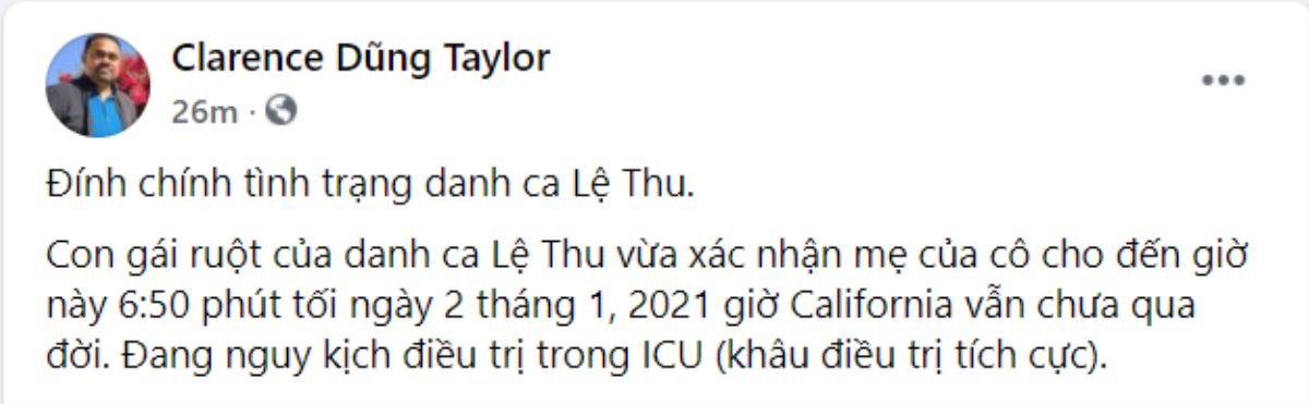 Con gái xác nhận tình trạng hiện tại của danh ca Lệ Thu sau nhiều ngày nguy kịch vì mắc COVID-19 Ảnh 1