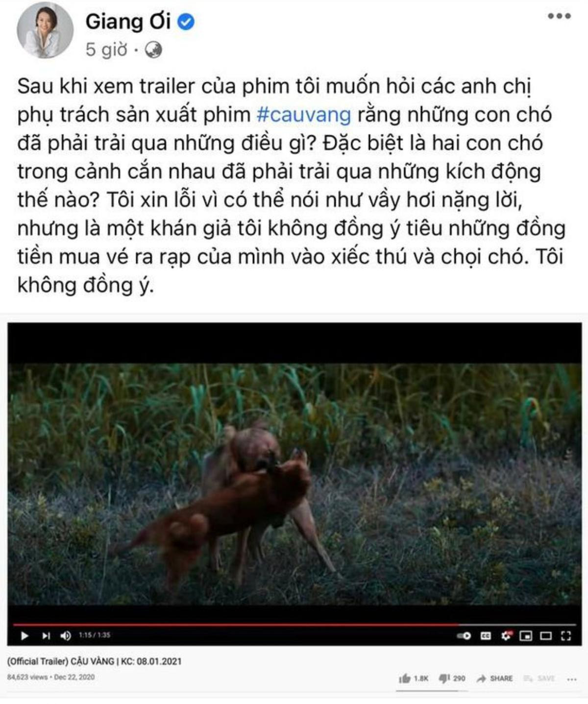 Giang Ơi lên án gay gắt phim 'Cậu Vàng' ngược đãi động vật, quyết không bỏ tiền xem 'chọi chó' Ảnh 1