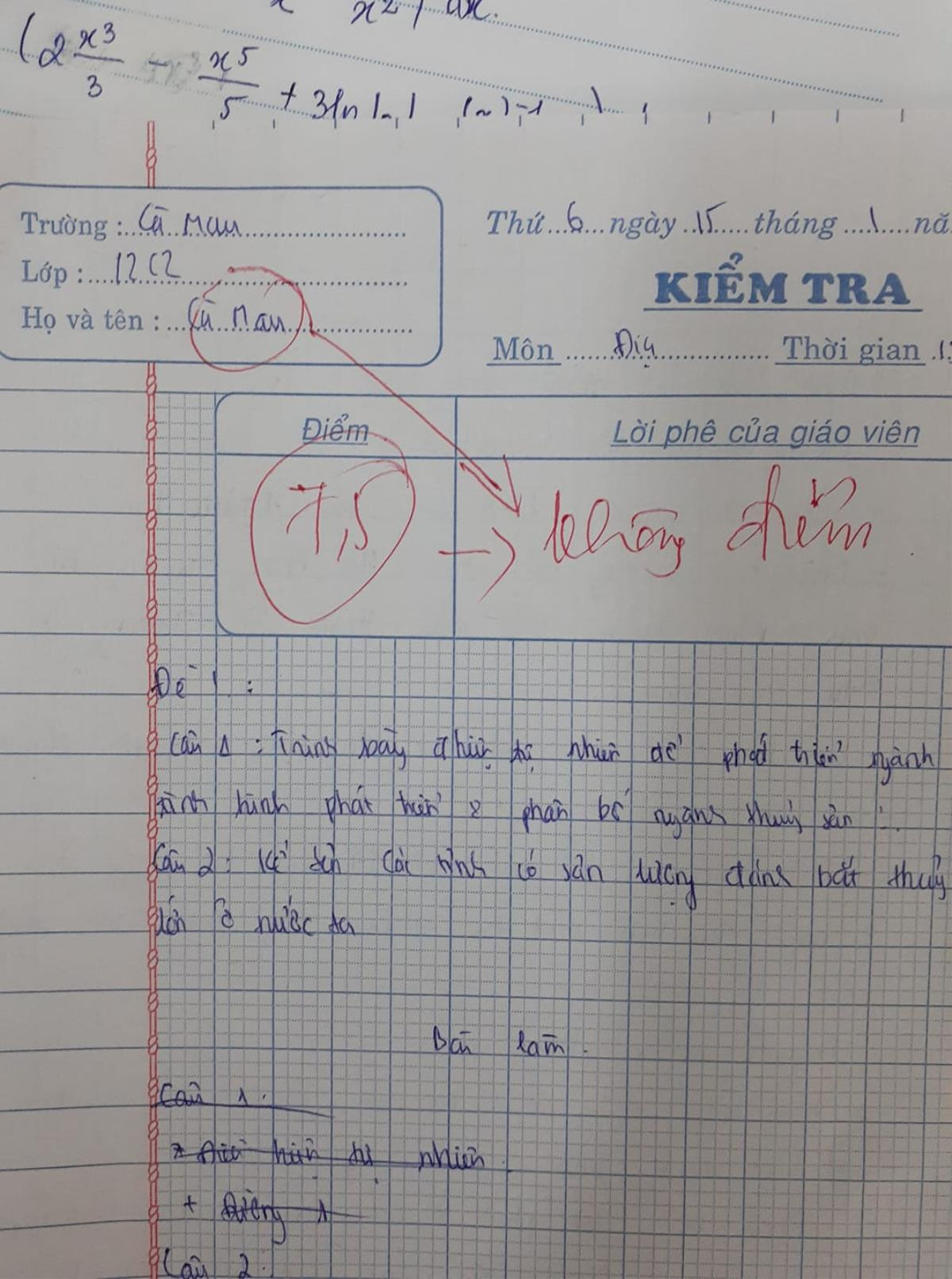 Đạt 7.5 điểm kiểm tra Địa lý, nam sinh khóc ròng khi giáo viên thẳng tay trừ sạch vì lí do ngớ ngẩn này Ảnh 1