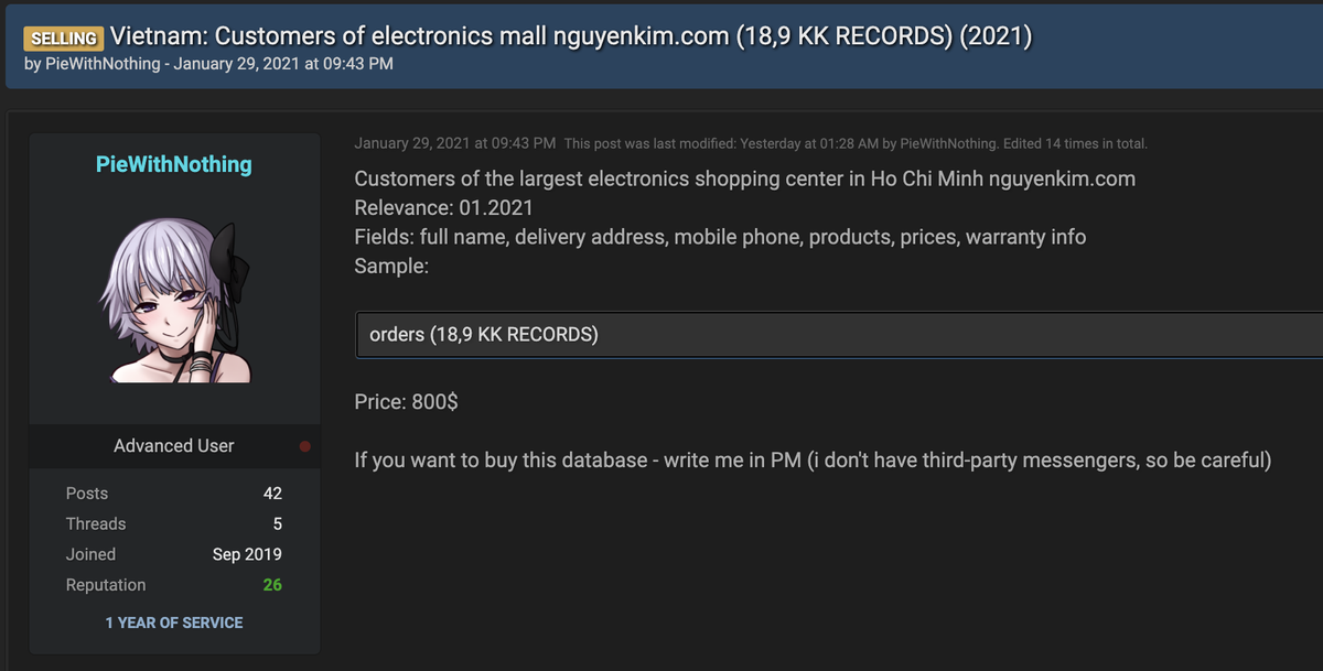 Thông tin được cho là của khách hàng Nguyễn Kim bị rao bán trên chợ hacker Ảnh 1