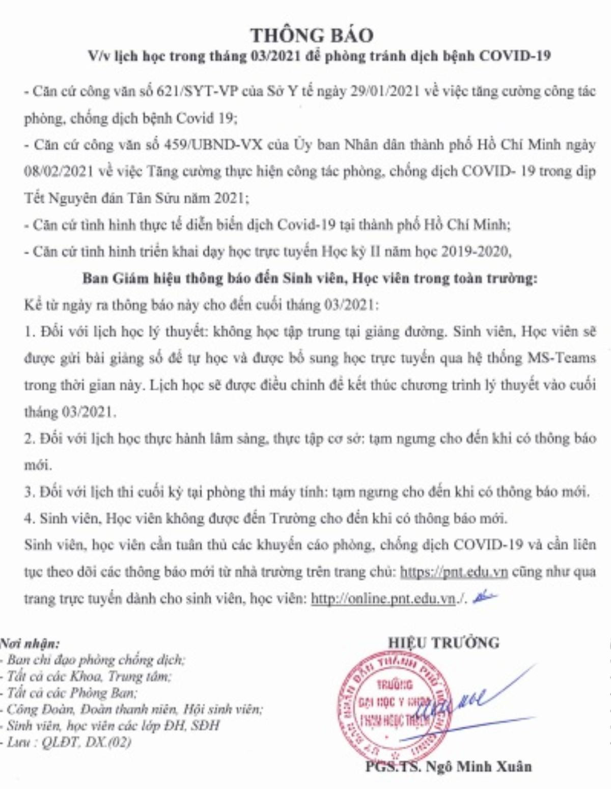 Trường Đại học đầu tiên tại TP.HCM cho sinh viên nghỉ hết tháng 3/2021 để phòng dịch Covid- 19 Ảnh 1