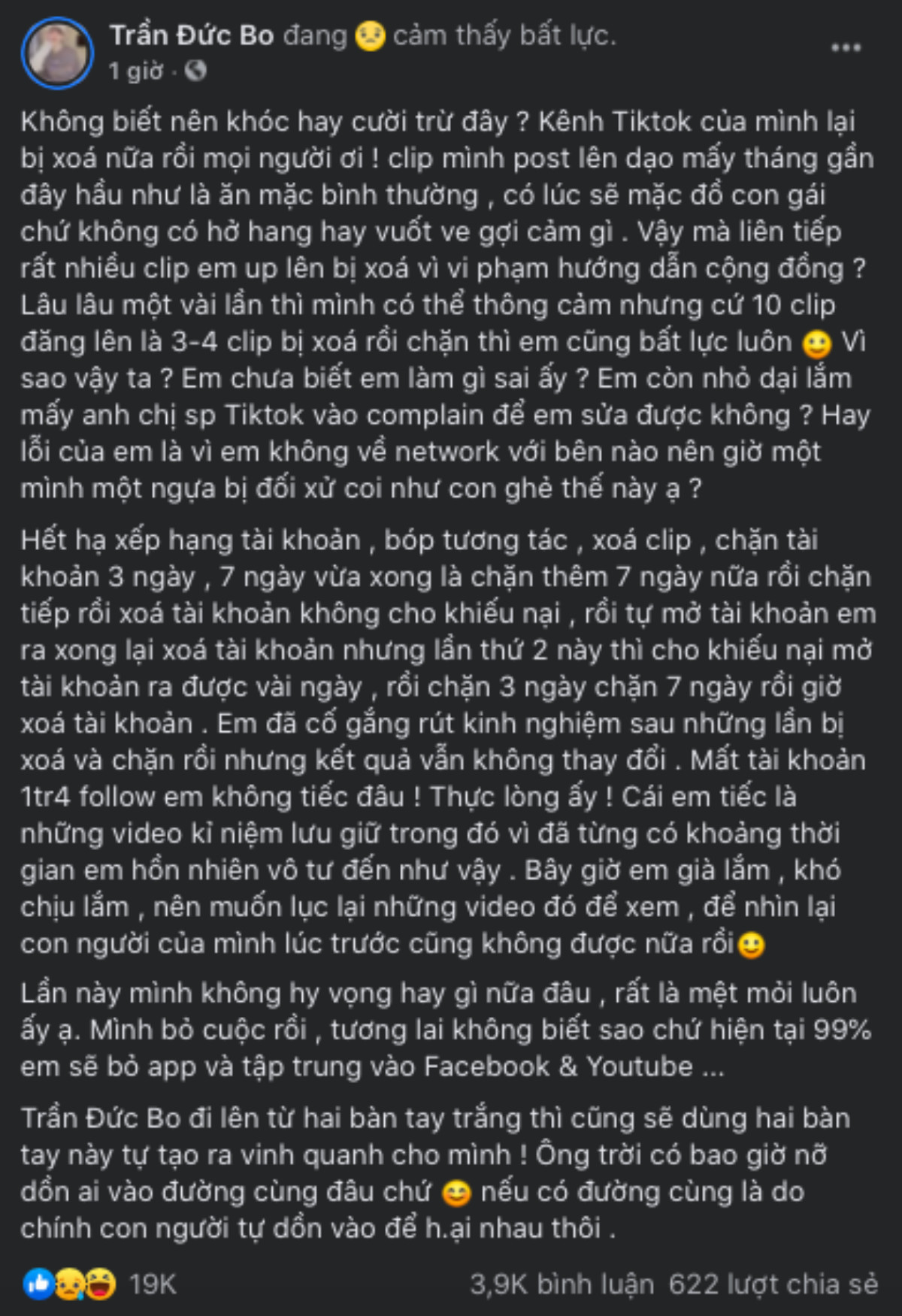 Sau khi mất nick TikTok và bị khóa Facebook 30 ngày, Trần Đức Bo đăng trạng thái bức xúc đầy ẩn ý Ảnh 4