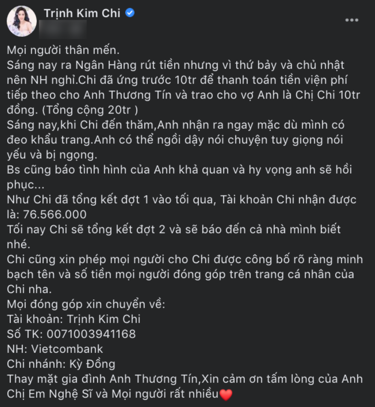 Trịnh Kim Chi công bố quỹ quyên góp hơn 200 triệu đồng: NS Thương Tín sẽ có thể hồi phục sau bạo bệnh Ảnh 3