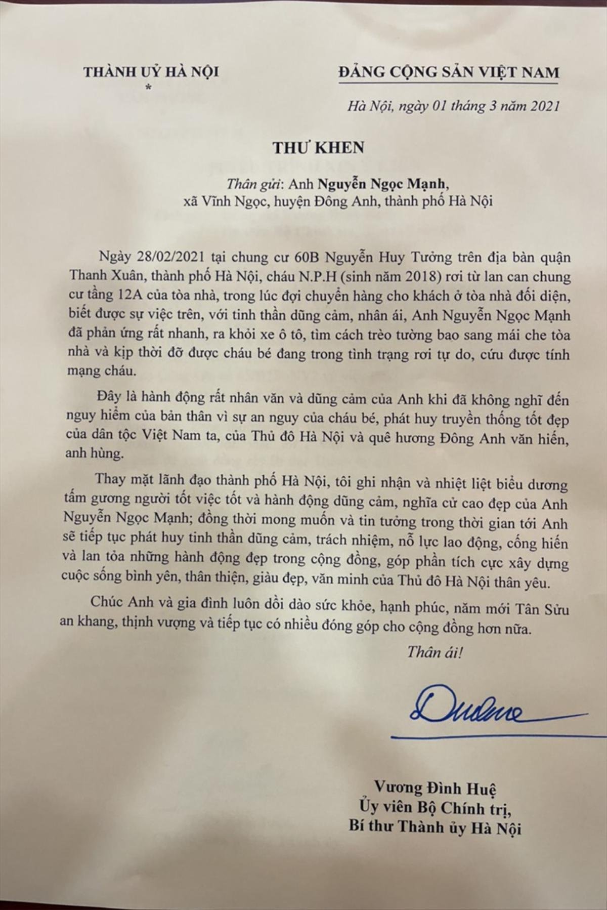 Bí thư Hà Nội gửi thư khen anh Nguyễn Ngọc Mạnh, người cứu bé gái rơi từ tầng 12 A Ảnh 2